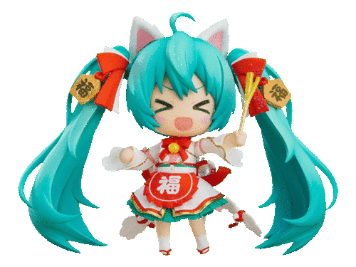 A gif of a Hatsune Miku Nendoroid figure, she is dressed to resemble a lucky cat, the gif was edited to replace some colors of the figure with sparkles